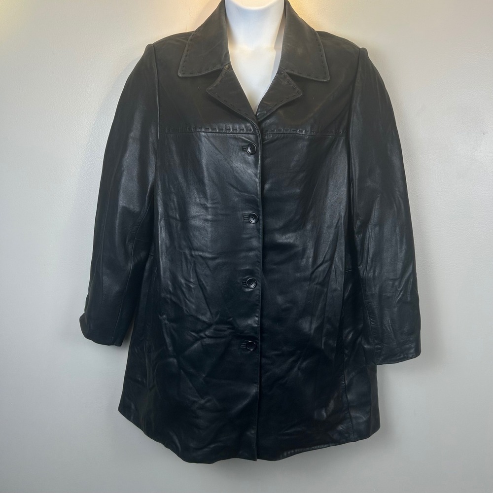 Anne Klein Black Lambskin Leather Car Coat Jacket Womens XL Whipstitch